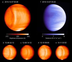 Imagens capturadas pela sonda Akatsuki durante quatro dias mostraram a onda permanecendo aproximadamente no mesmo lugar. (Créditos: Planet-C).