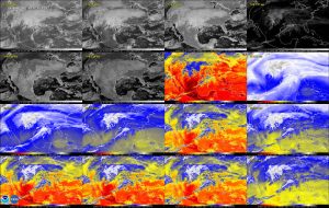 América do Norte visto nos 16 canais do satélite - dois visíveis, quatro próximos infravermelhos e 10 infravermelhos.