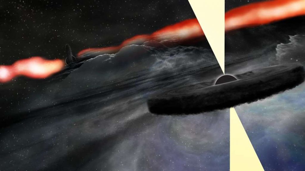 Impressão artística dos dois potenciais buracos negros supermassivos no centro de Cygnus A.
