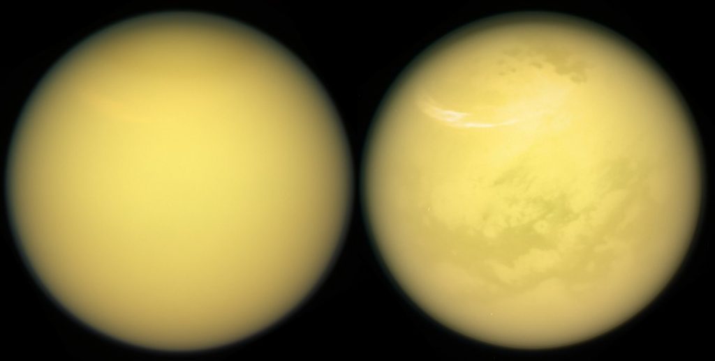 Essas duas visões de Titan mostram os novos detalhes sobre a superfície da lua - incluindo nuvens e nevas em sua atmosfera