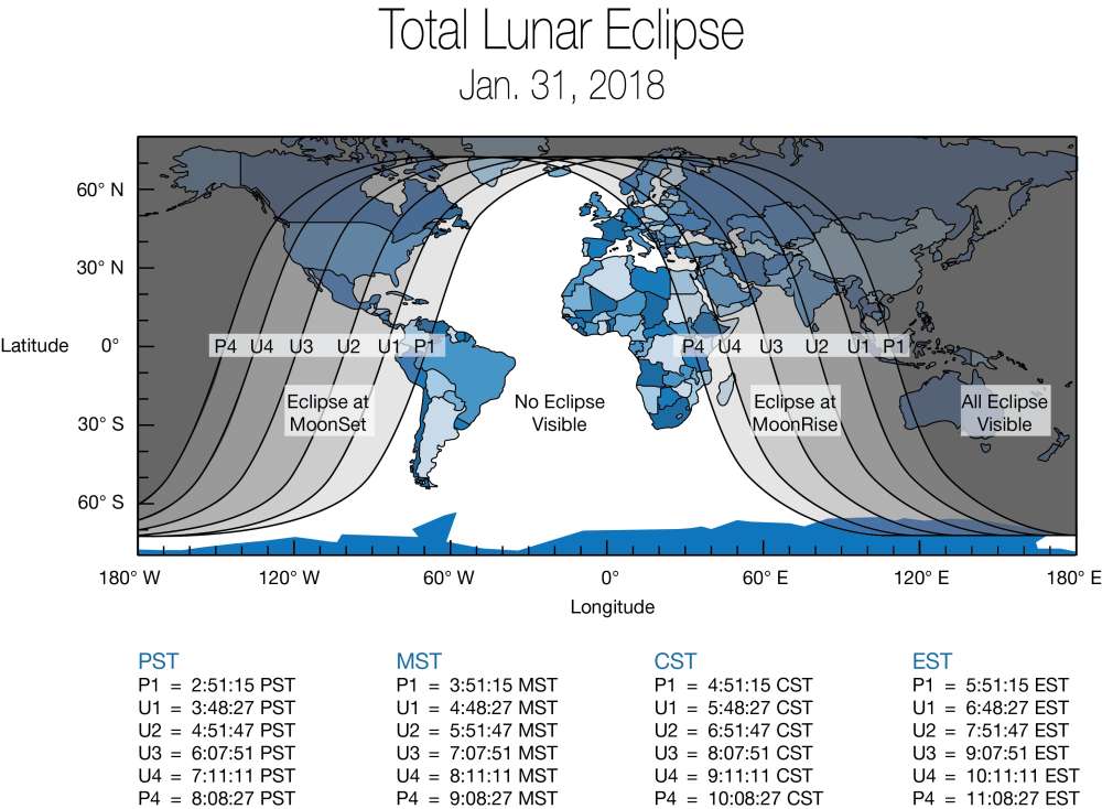 Áreas de visibilidade do eclipse lunar.