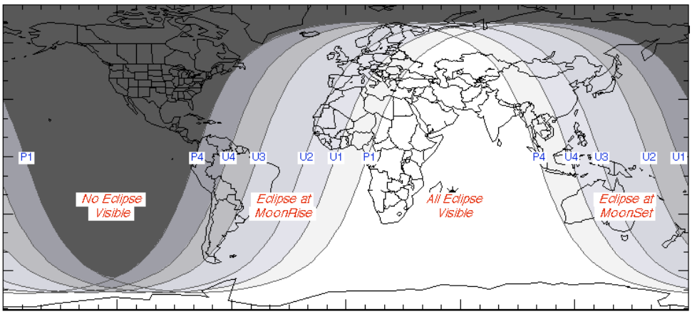 Mapa dos locais onde será possível ver o eclipse.